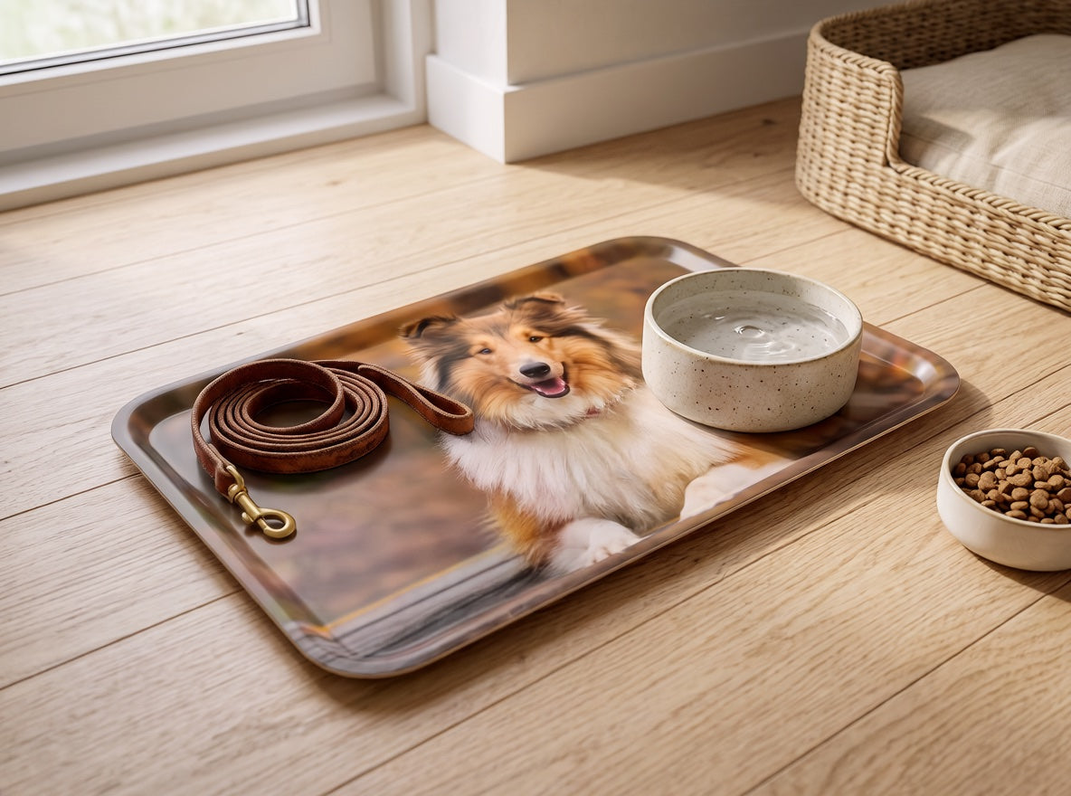 Rektangulär bricka med ett foto av en glad collie, på ett ljust trägolv bredvid koppel och vattenskål